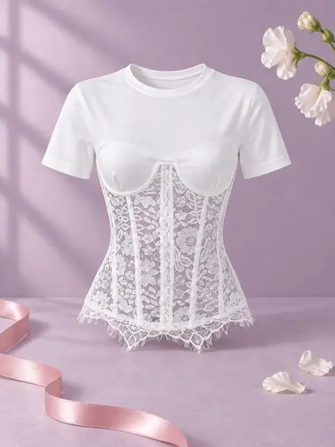 Lace Patchwork Round Neck Short Sleeve Top