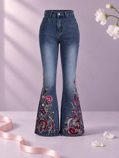 Floral Embroidered Flared Jeans