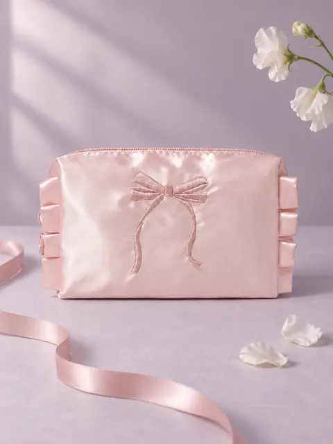 Bow Embroidered Cosmetic Bag